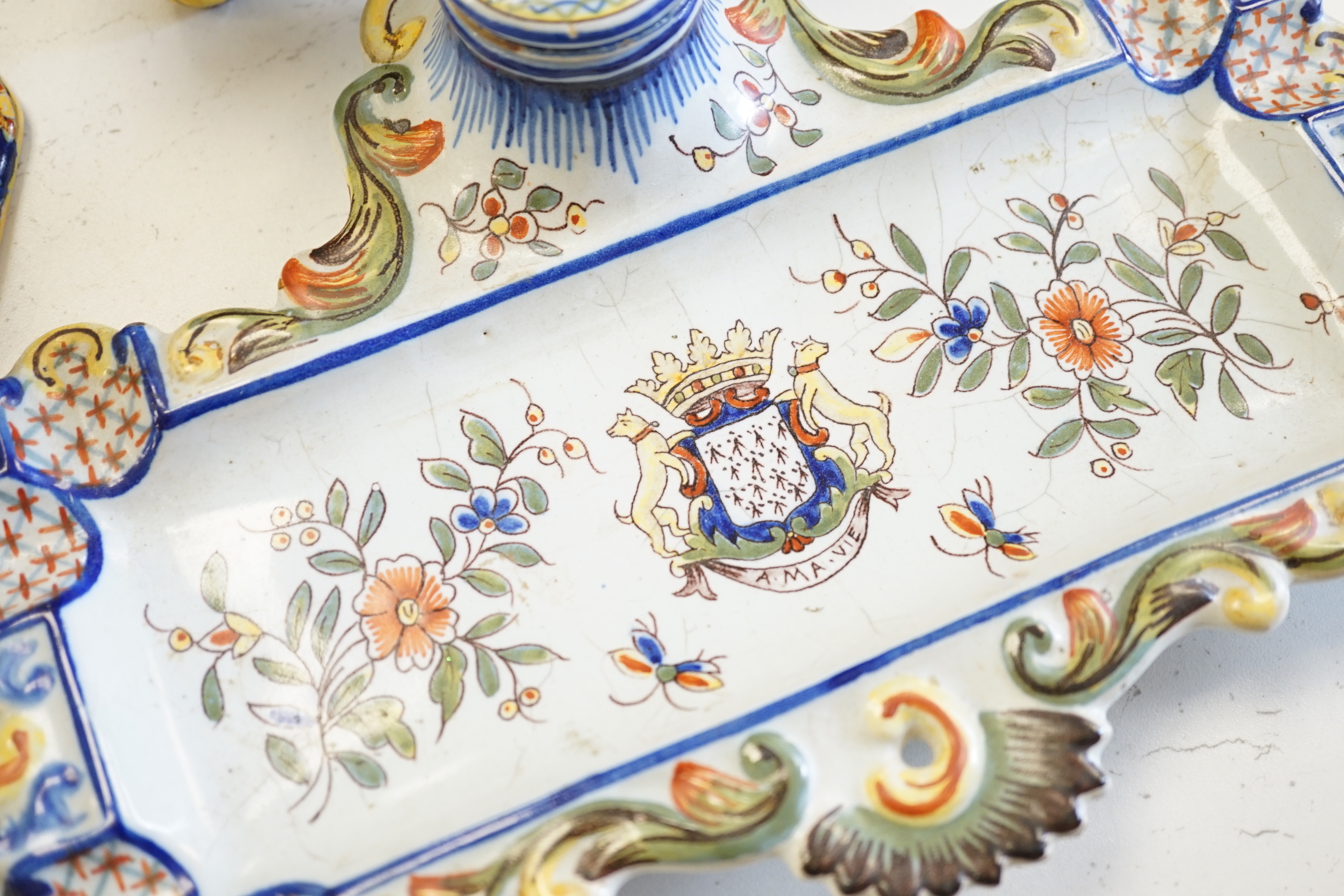 Ten items of French faience pottery, Mosanic commode shaped box, 23cm wide x 15cm high x 17cm deep